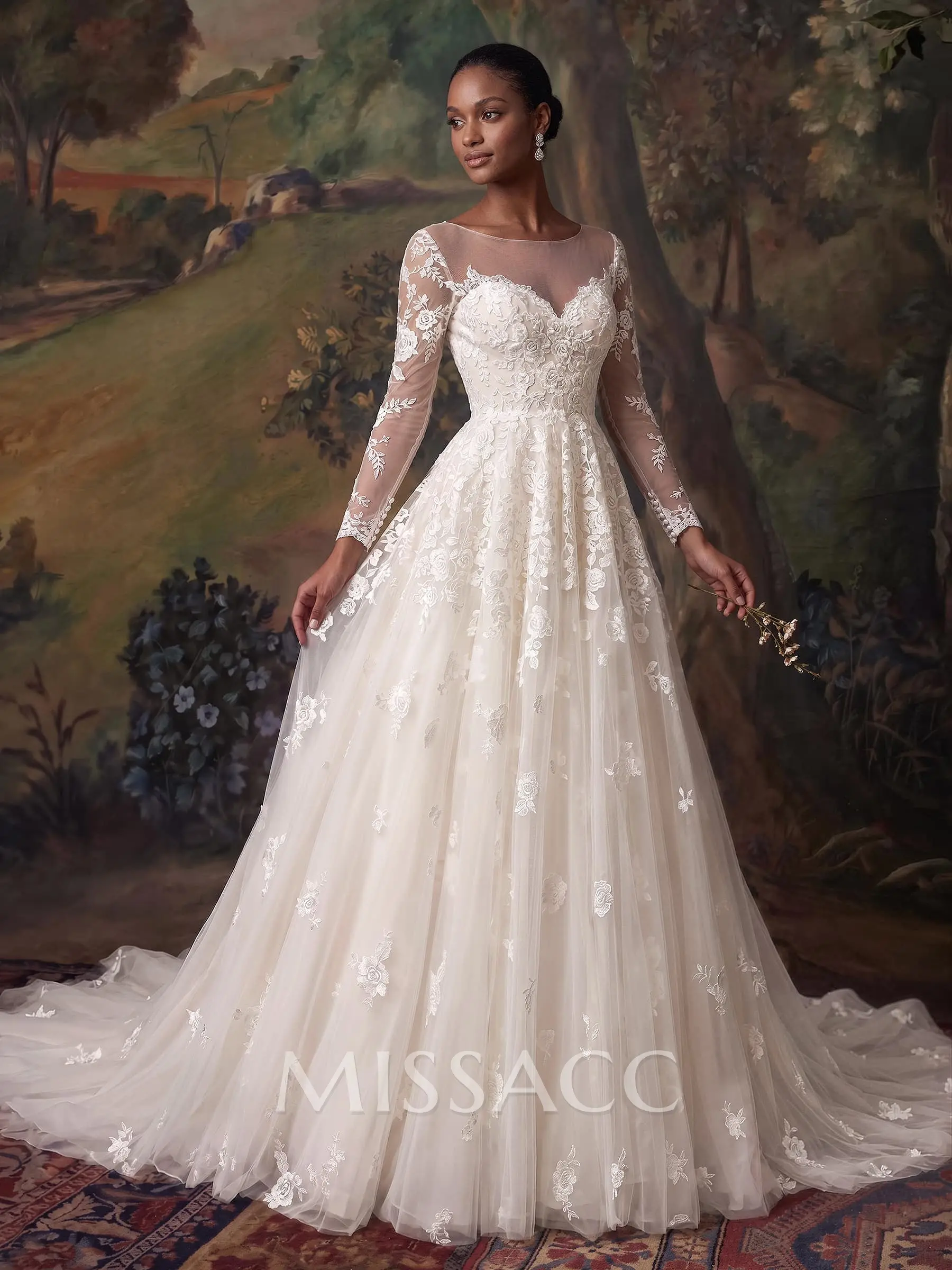 illusion lace long sleeve wedding dress Top Detachable Overskirt Dresses, AB  AlineBridal grade embroidered mesh and a reinforced long A-Line Illusion Neck Long Sleeves
