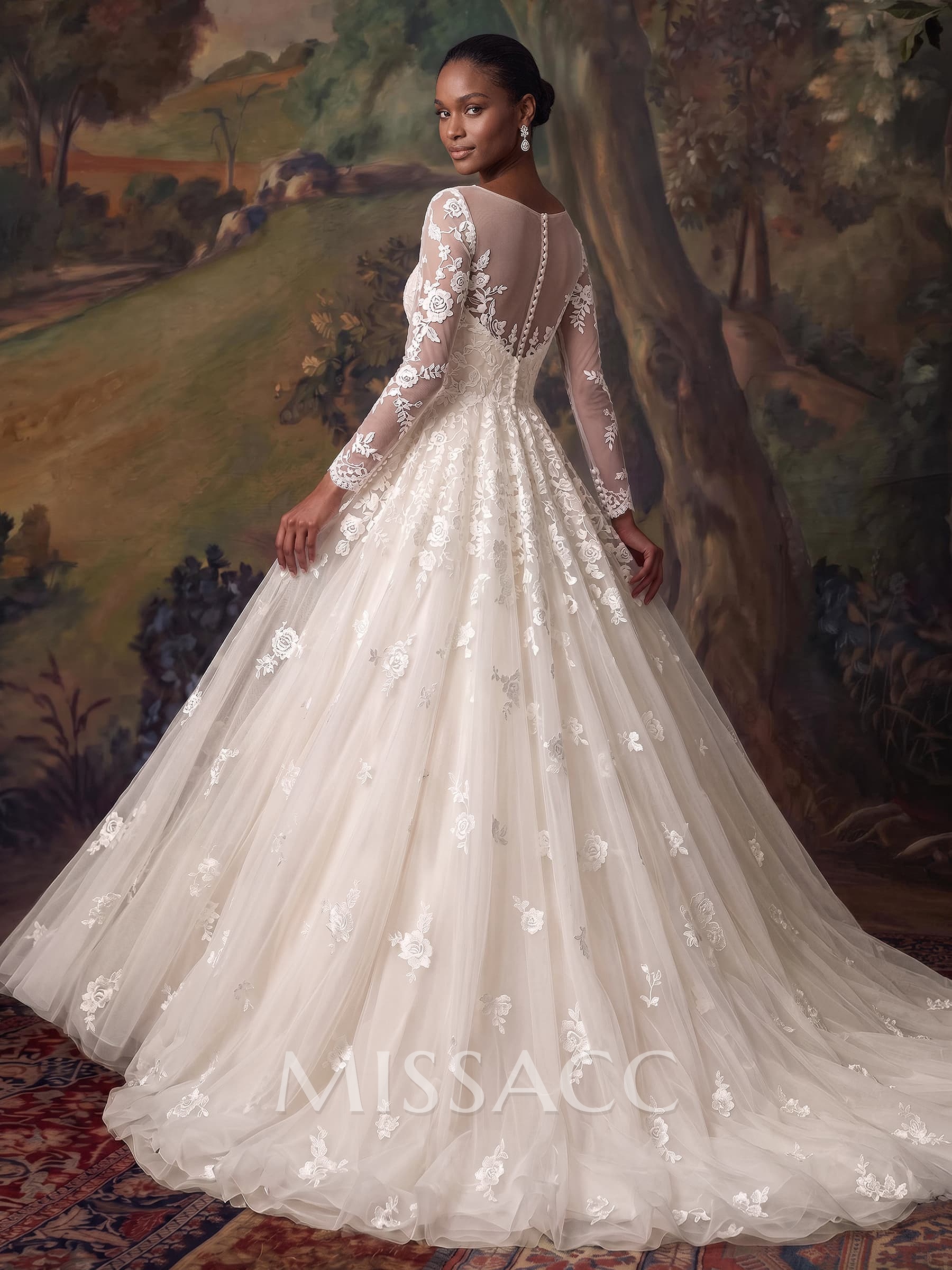 A-Line Illusion Neck Long Sleeves Sweep Train Lace/Tulle Wedding Dresses With Appliques Lace