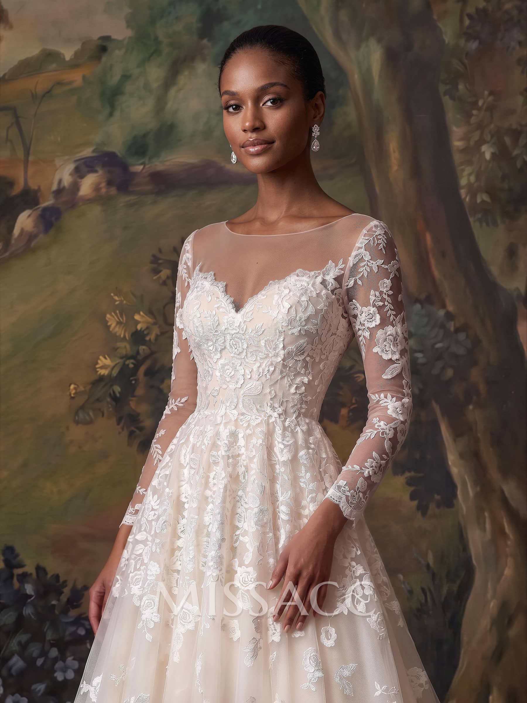 A-Line Illusion Neck Long Sleeves Sweep Train Lace/Tulle Wedding Dresses With Appliques Lace