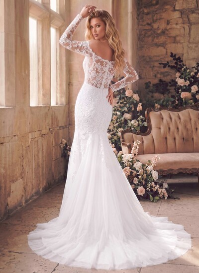 Trumpet/Mermaid Off-The-Shoulder Long Sleeves Sweep Train Lace/Tulle Wedding Dresses With Appliques Lace