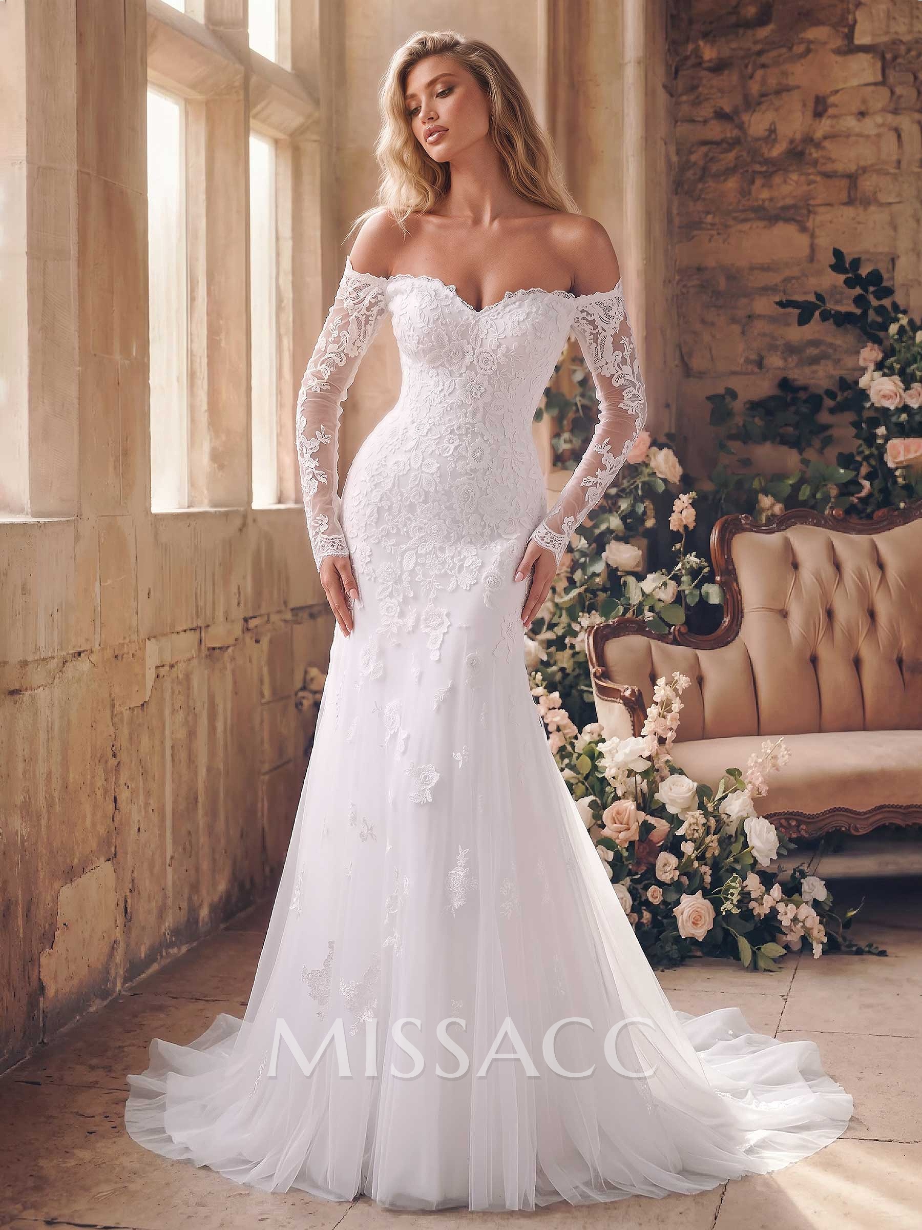 Trumpet/Mermaid Off-The-Shoulder Long Sleeves Sweep Train Lace/Tulle Wedding Dresses With Appliques Lace