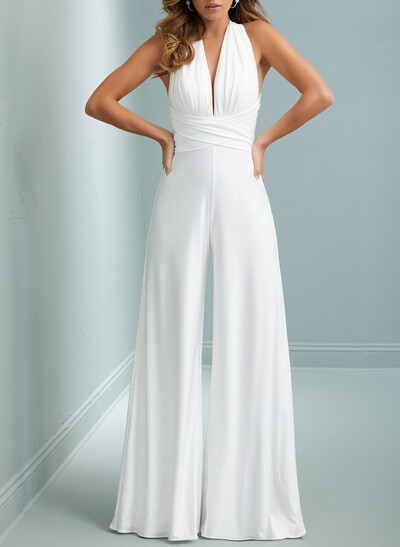 Jumpsuit/Pantsuit Plunge Neck Sleeveless Floor-Length Crepe Satin Wedding Dresses