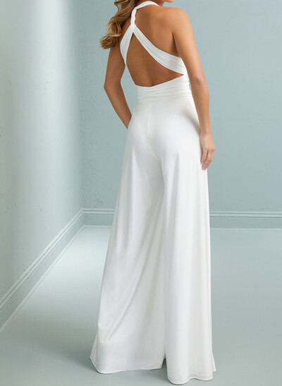 Jumpsuit/Pantsuit Plunge Neck Sleeveless Floor-Length Crepe Satin Wedding Dresses