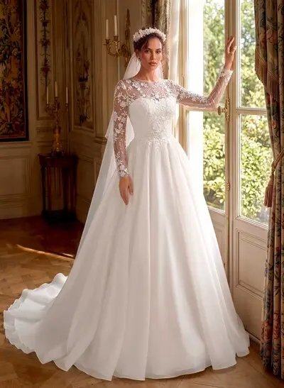 A-Line Scoop Neck Long Sleeves Sweep Train Lace/Satin Wedding Dresses With Appliques Lace
