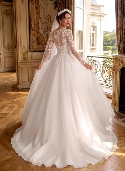 A-Line Scoop Neck Long Sleeves Sweep Train Lace/Satin Wedding Dresses With Appliques Lace