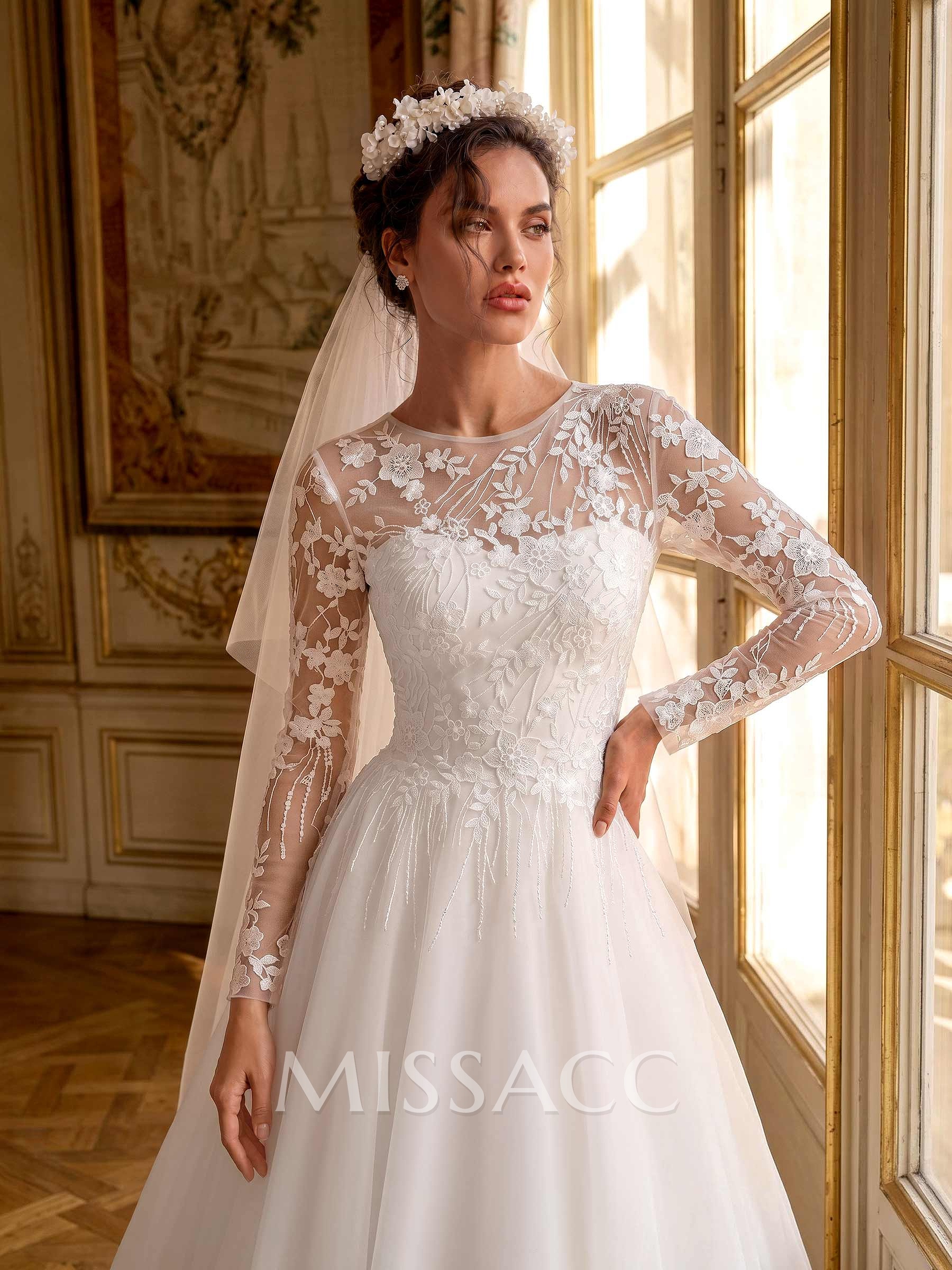 A-Line Scoop Neck Long Sleeves Sweep Train Lace/Satin Wedding Dresses With Appliques Lace