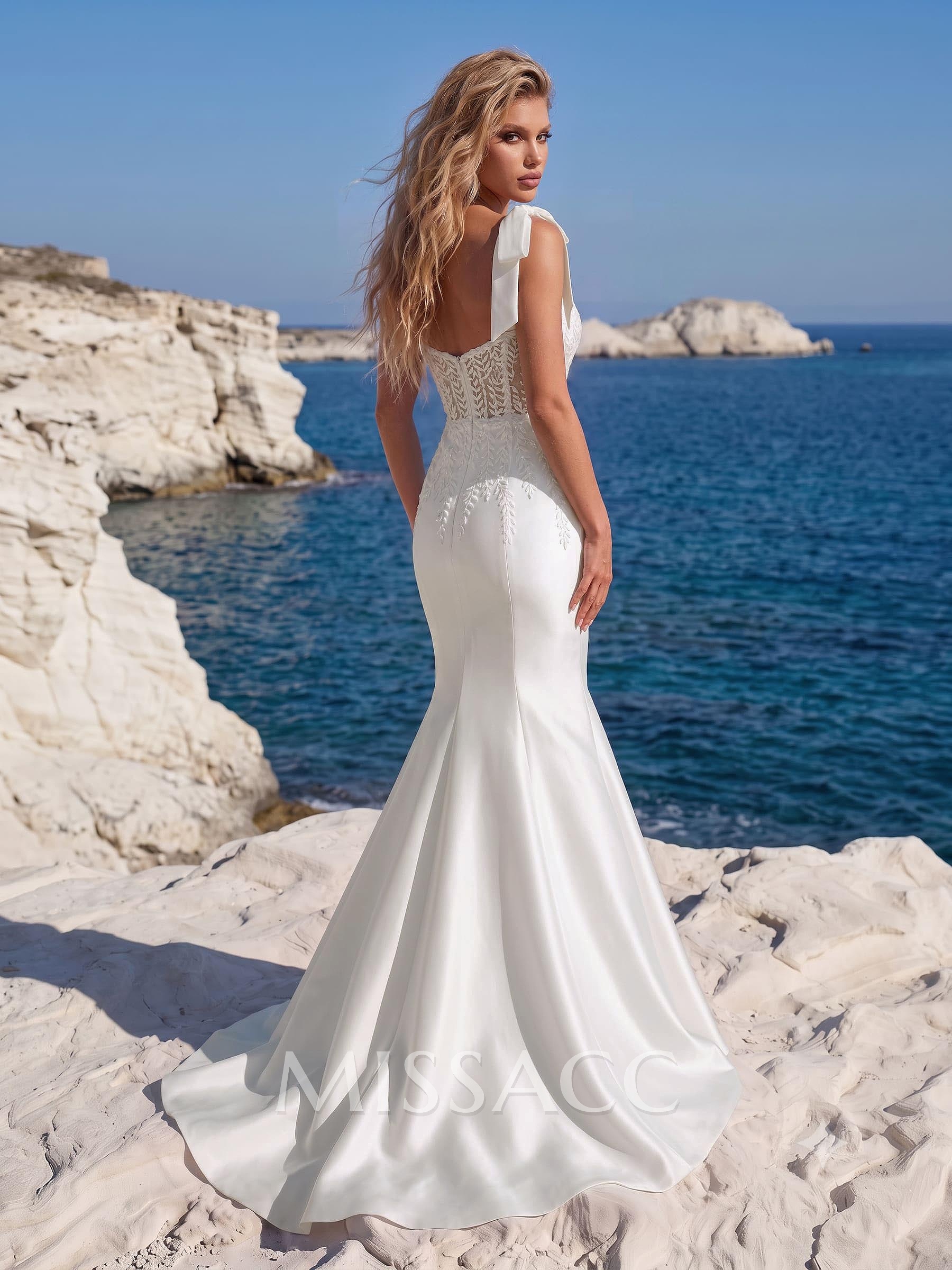 Trumpet/Mermaid Plunge Neck Sleeveless Sweep Train Satin Wedding Dresses With Appliques Lace