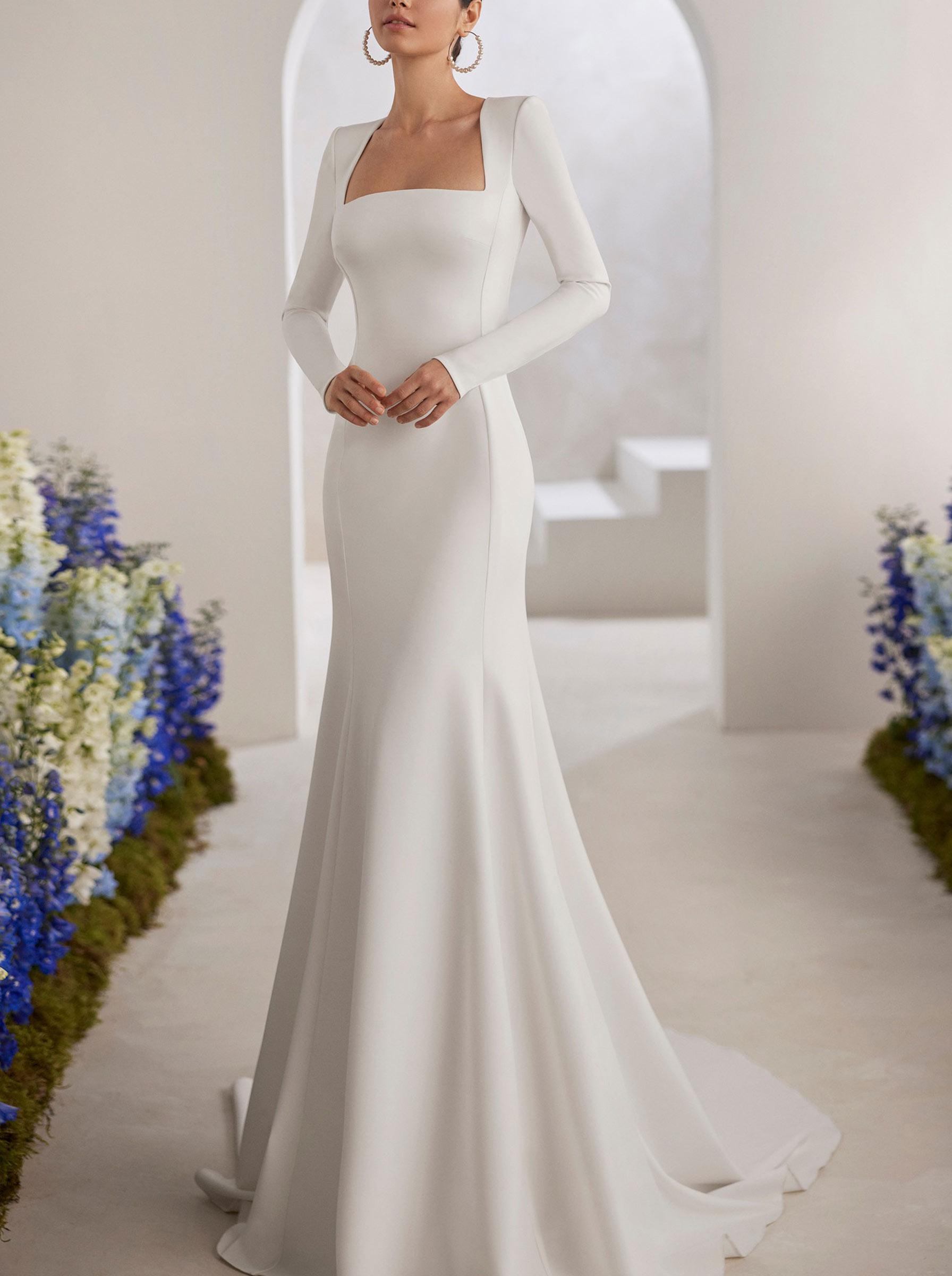 Trumpet/Mermaid Square Neckline Long Sleeves Court Train Elastic Satin Wedding Dresses