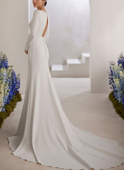 Trumpet/Mermaid Square Neckline Long Sleeves Court Train Elastic Satin Wedding Dresses