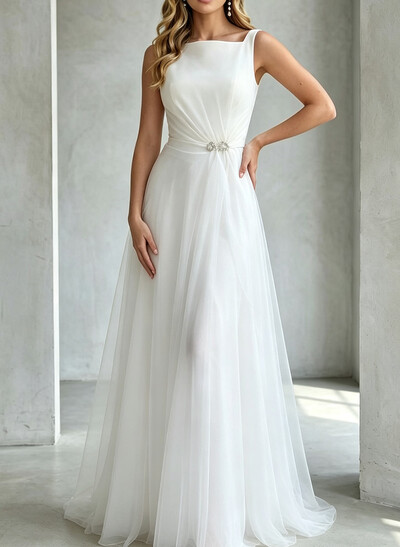 A-Line Square Neckline Sleeveless Floor-Length Chiffon Wedding Dresses With