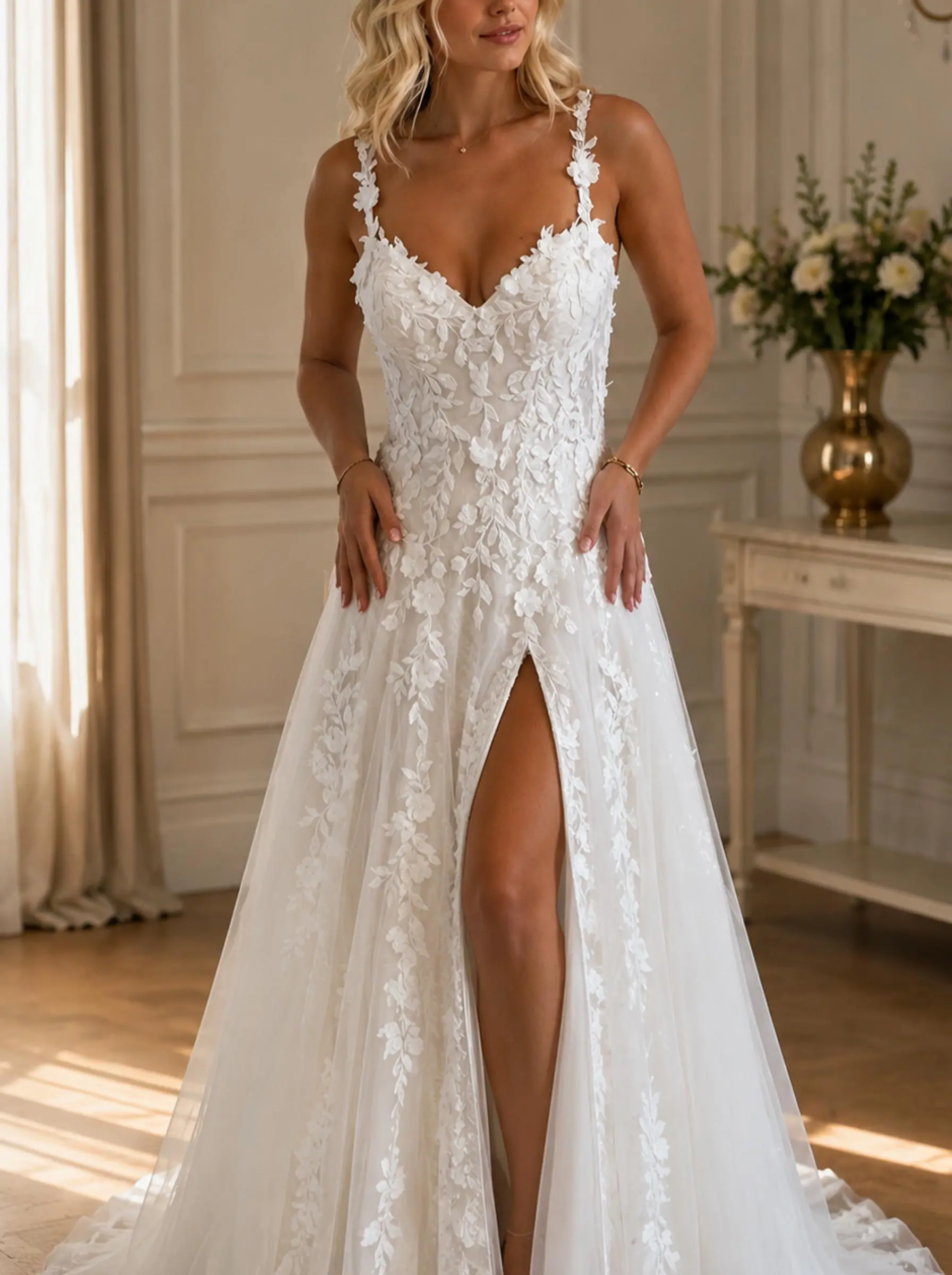 A-Line V-Neck Sleeveless Sweep Train Lace Wedding Dresses - Missacc