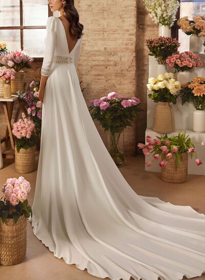 A-Line Plunge Neck Long Sleeves Chapel Train Elastic Satin Wedding Dresses