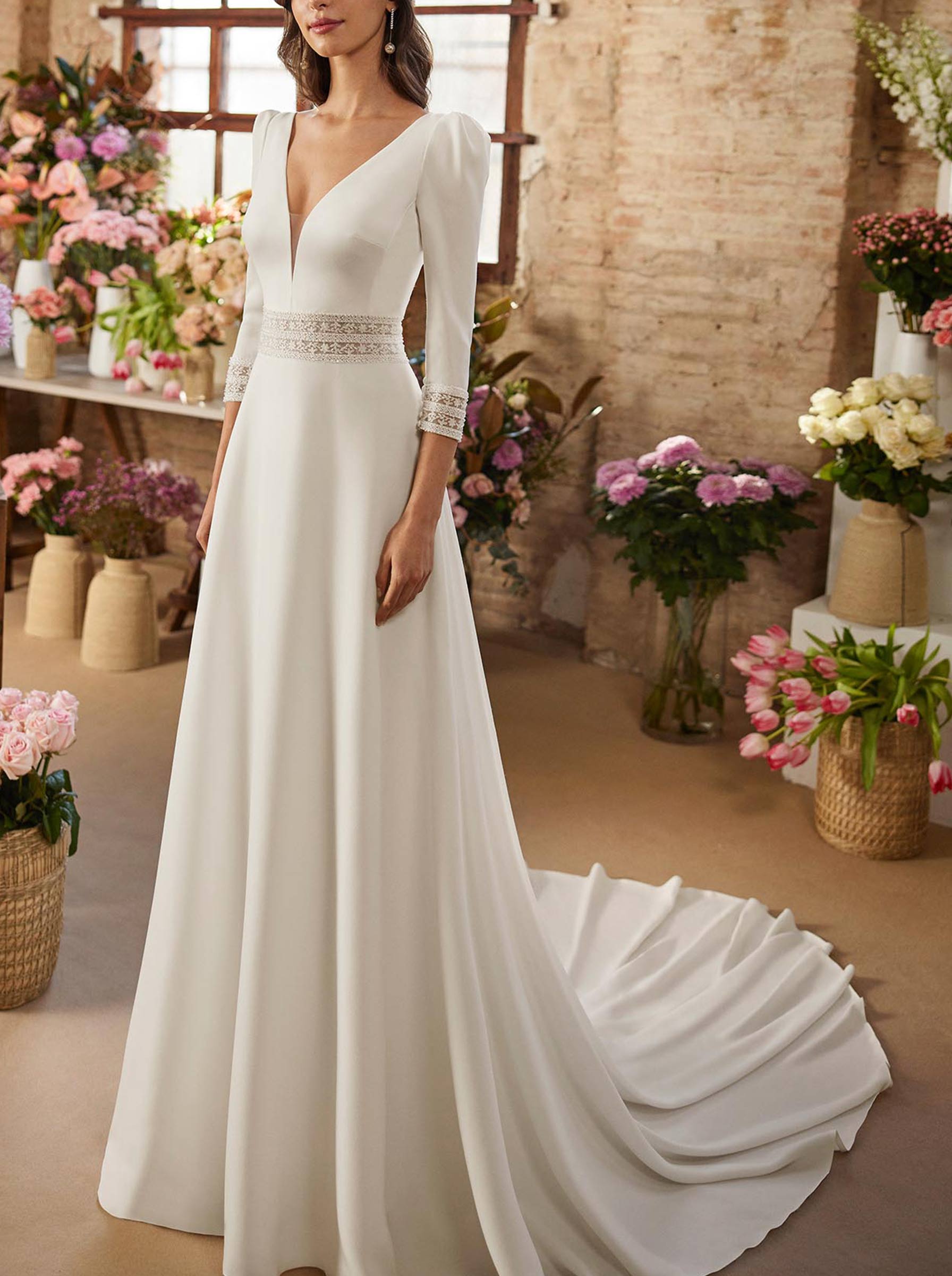 A-Line Plunge Neck Long Sleeves Chapel Train Elastic Satin Wedding Dresses