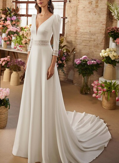 A-Line Plunge Neck Long Sleeves Chapel Train Elastic Satin Wedding Dresses