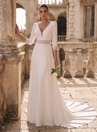 A-Line Plunge Neck Long Sleeves Chapel Train Elastic Satin Wedding Dresses