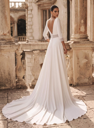 A-Line Plunge Neck Long Sleeves Chapel Train Elastic Satin Wedding Dresses
