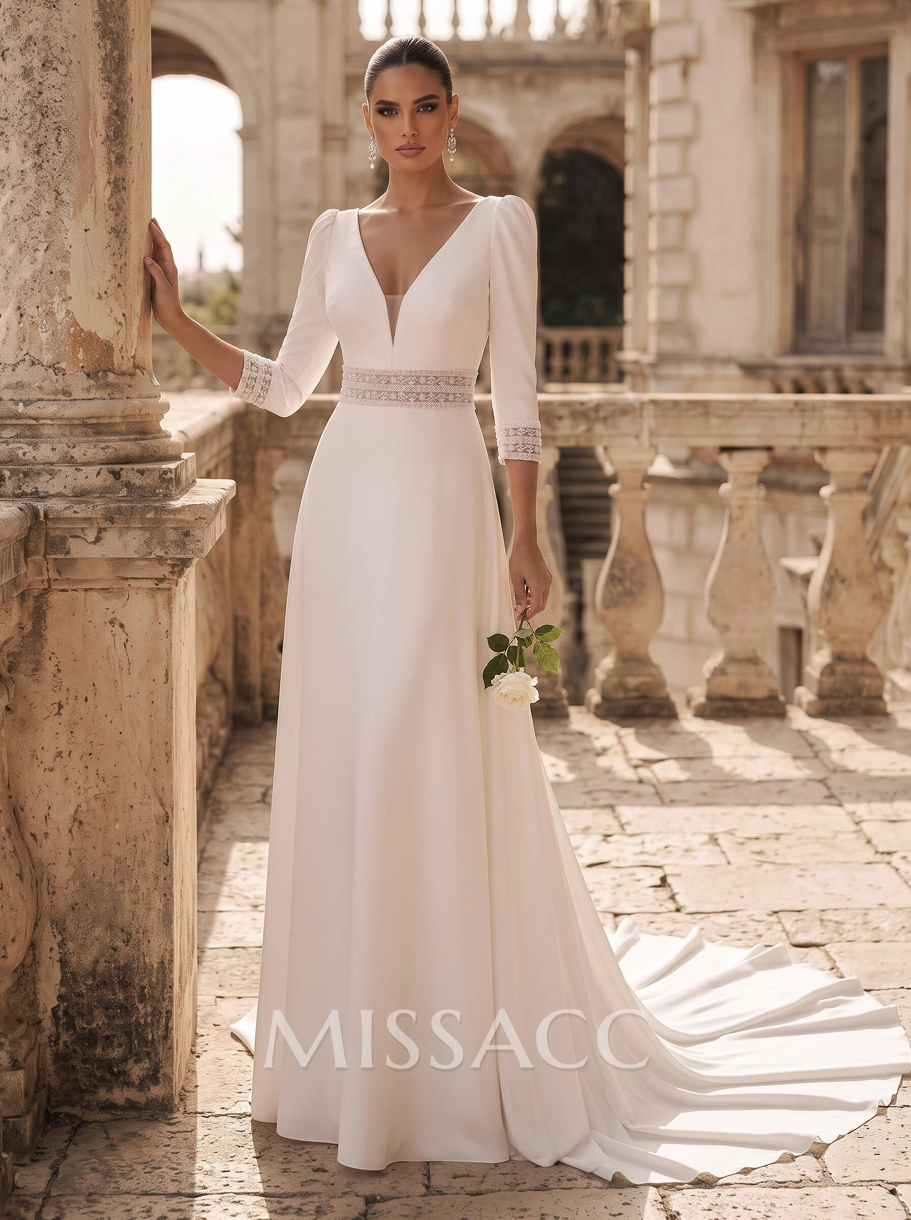 A-Line Plunge Neck Long Sleeves Chapel Train Elastic Satin Wedding Dresses