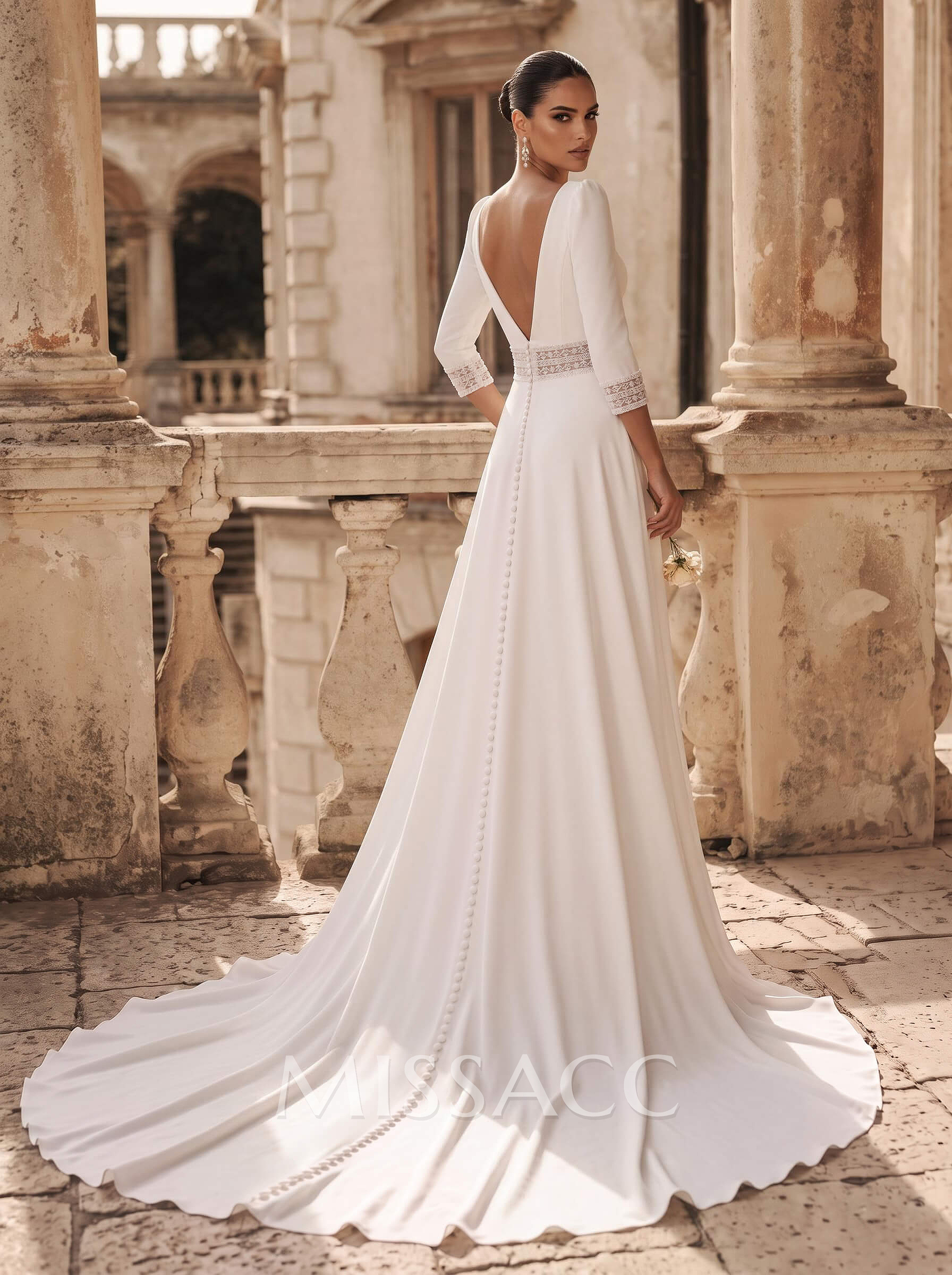 A-Line Plunge Neck Long Sleeves Chapel Train Elastic Satin Wedding Dresses
