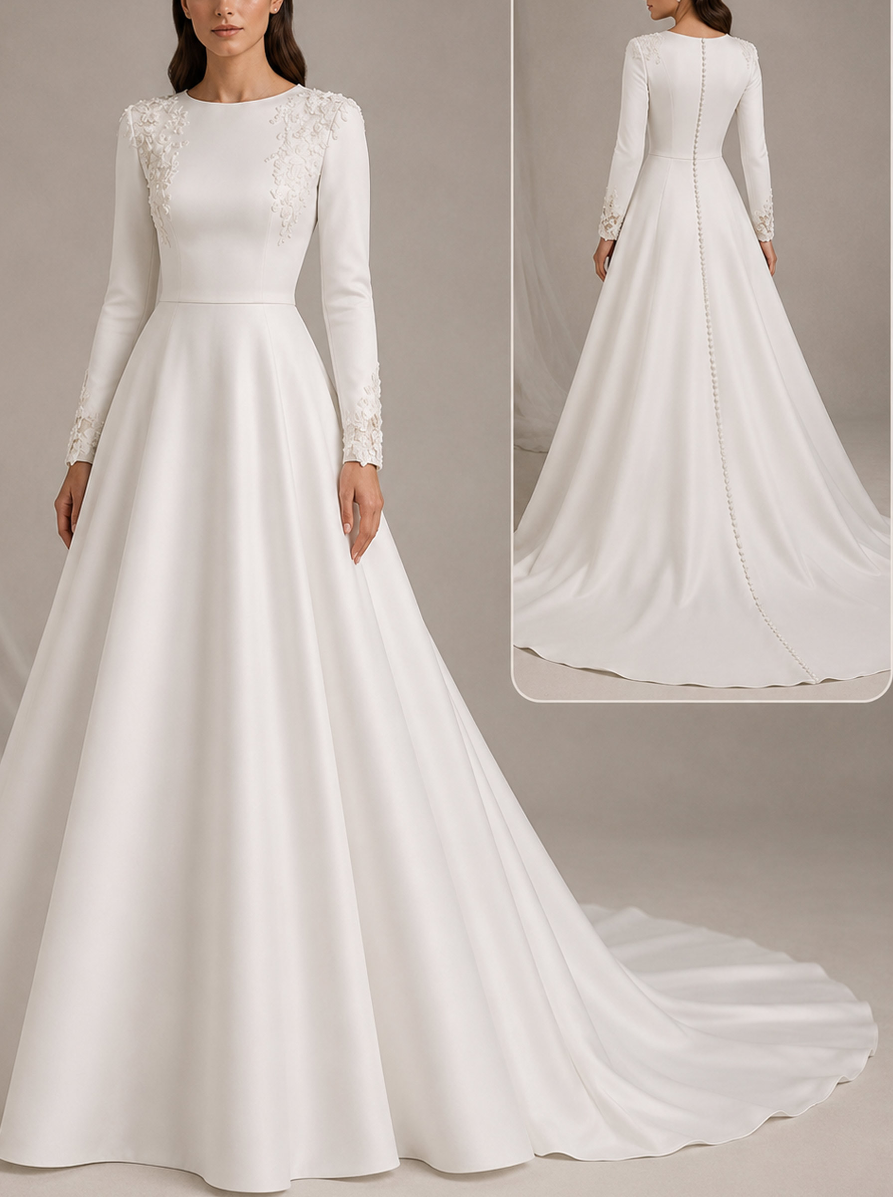 A-Line Scoop Neck Long Sleeves Court Train Satin Wedding Dresses