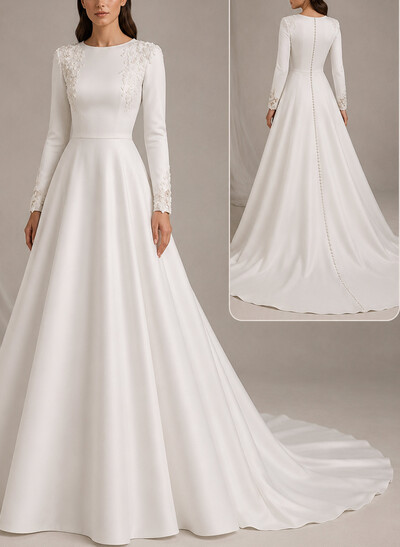 A-Line Scoop Neck Long Sleeves Court Train Satin Wedding Dresses