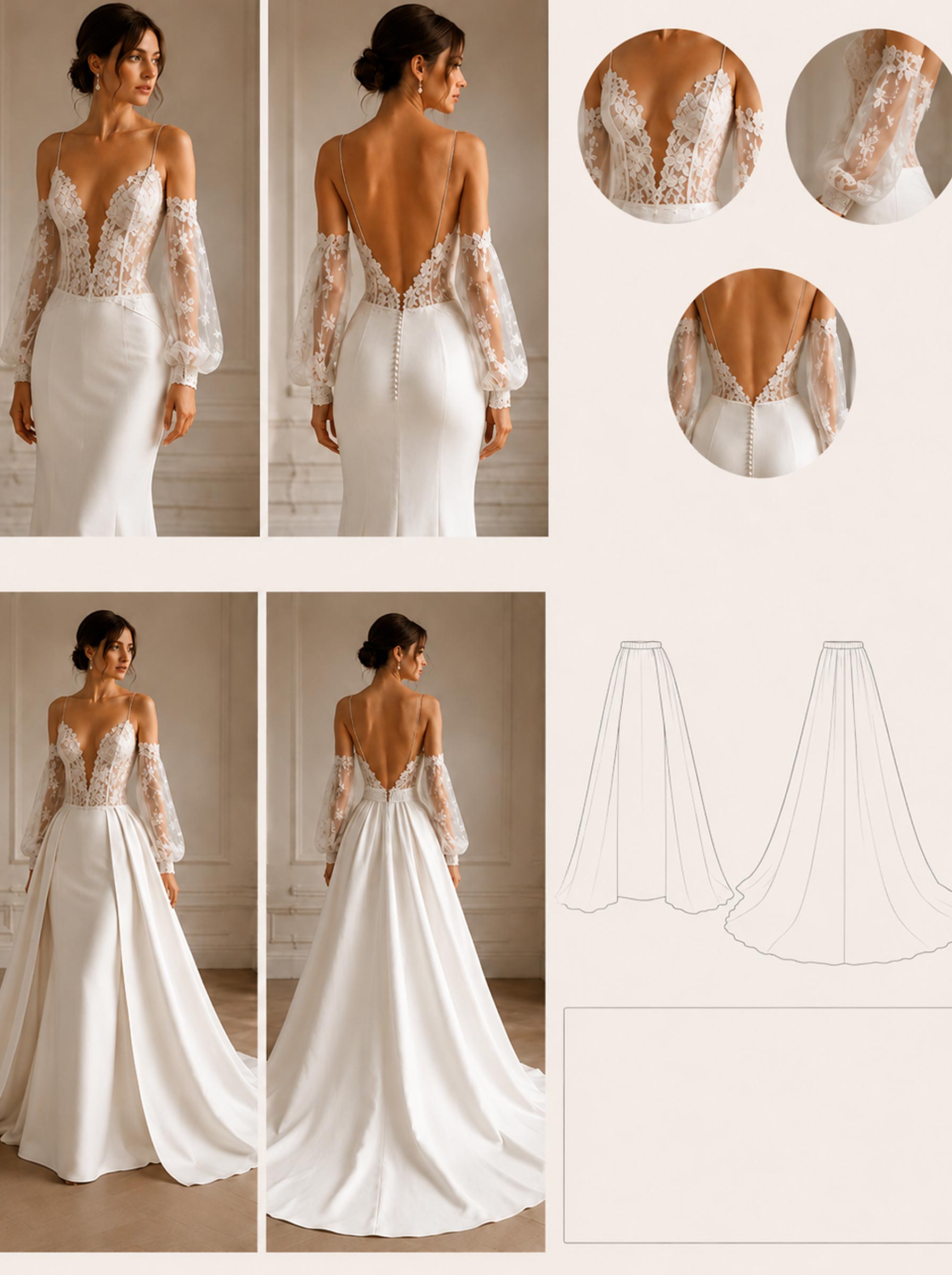 Trumpet/Mermaid Plunge Neck Detachable Sleeves Detachable Lace/Crepe Satin Wedding Dresses