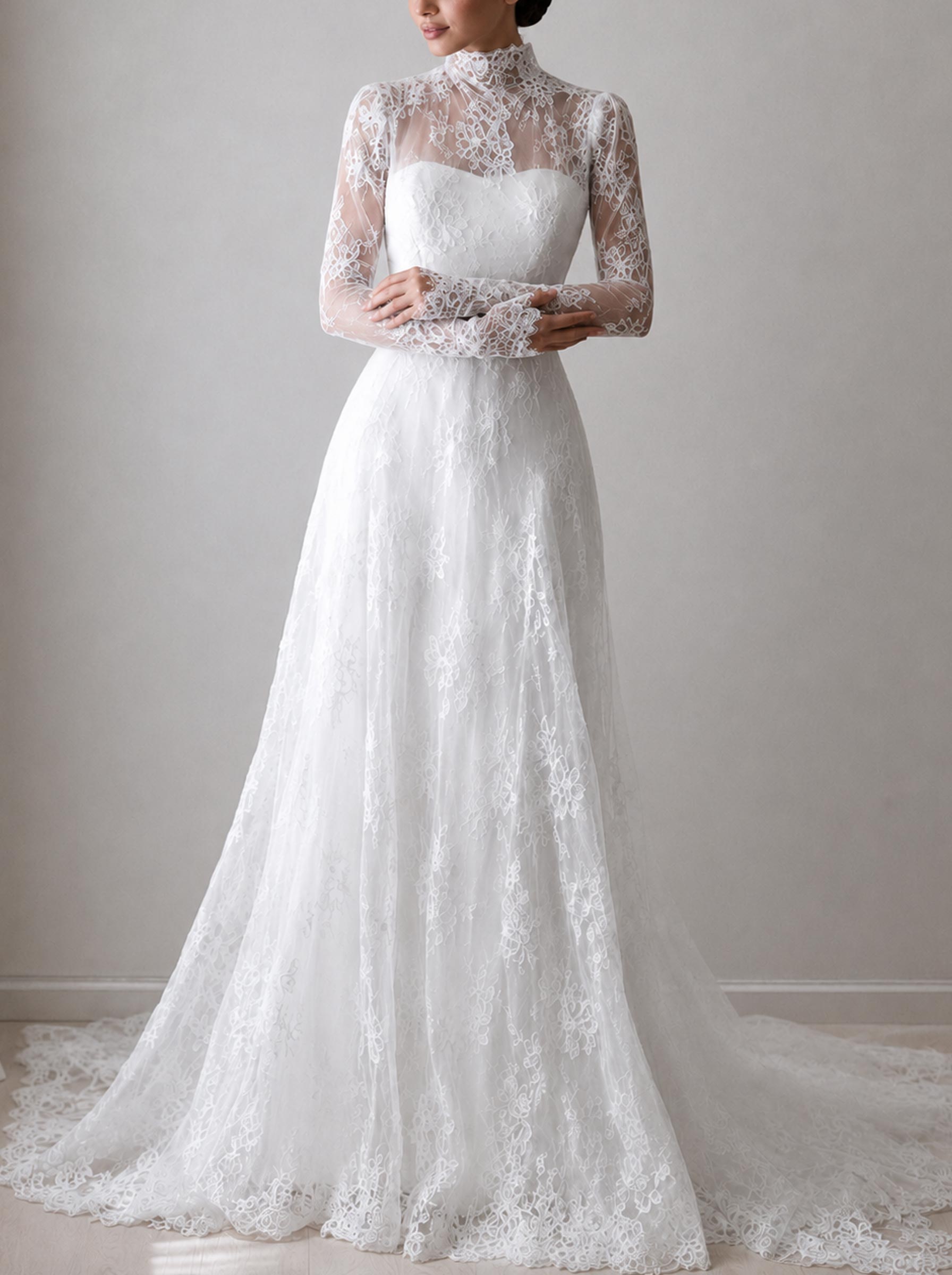 A-Line High Neck Long Sleeves Sweep Train Lace Wedding Dresses
