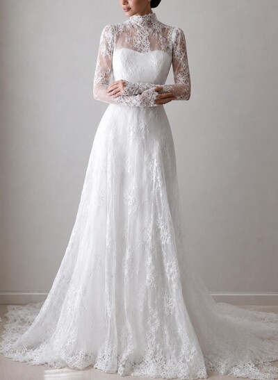 A-Line High Neck Long Sleeves Sweep Train Lace Wedding Dresses