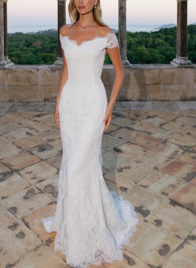 Trumpet/Mermaid Off-The-Shoulder Sleeveless Court Train Lace Wedding Dresses