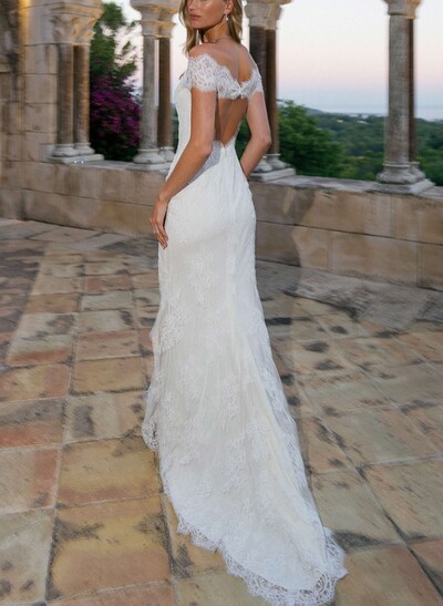 Trumpet/Mermaid Off-The-Shoulder Sleeveless Court Train Lace Wedding Dresses