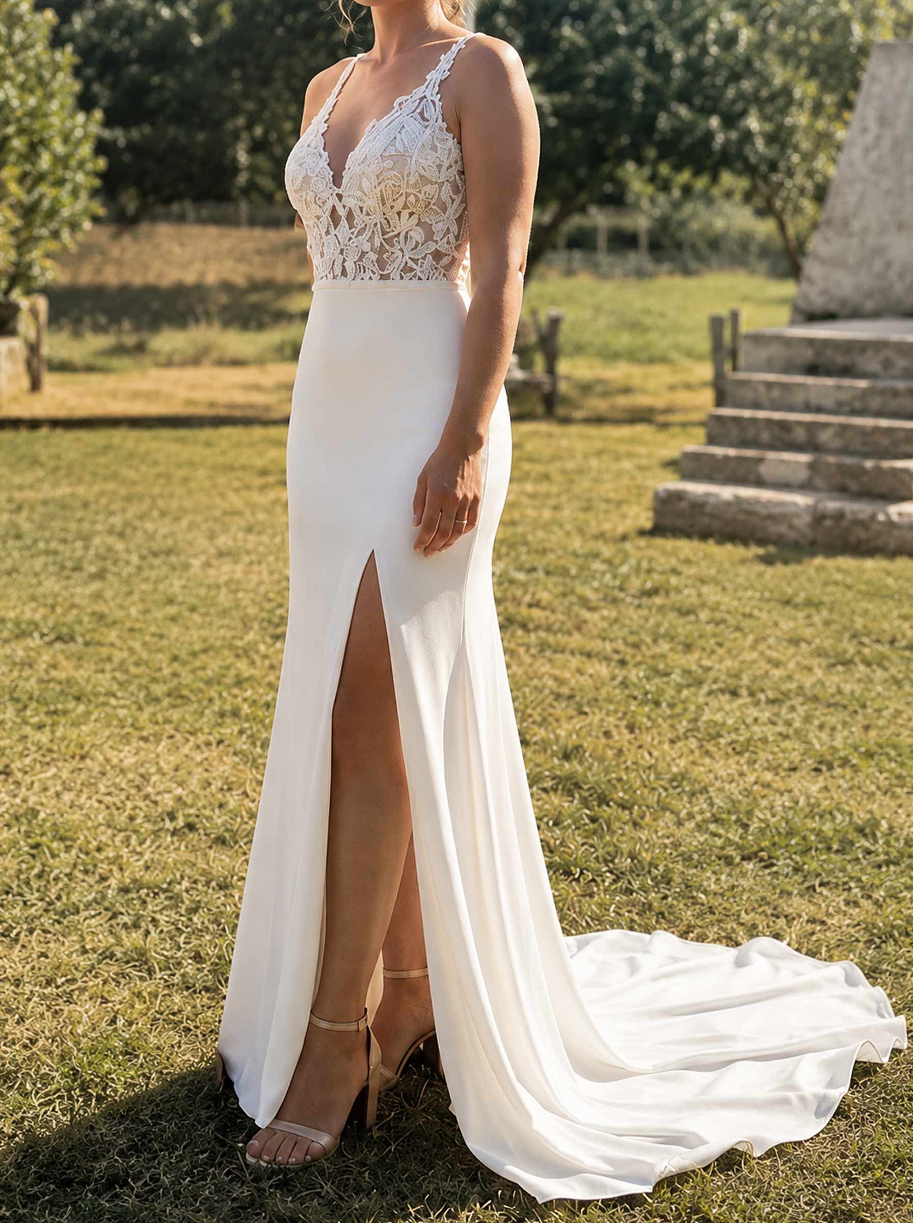 A-Line V-Neck Sleeveless Court Train Satin Wedding Dresses With High Split