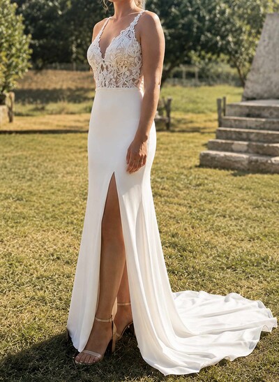 A-Line V-Neck Sleeveless Court Train Satin Wedding Dresses With High Split
