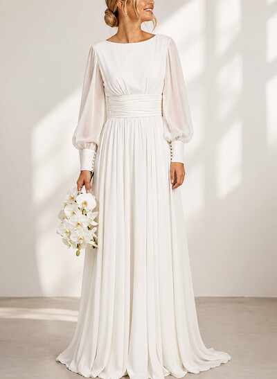 A-Line Scoop Neck Long Sleeves Floor-Length Chiffon Wedding Dresses With Pleated