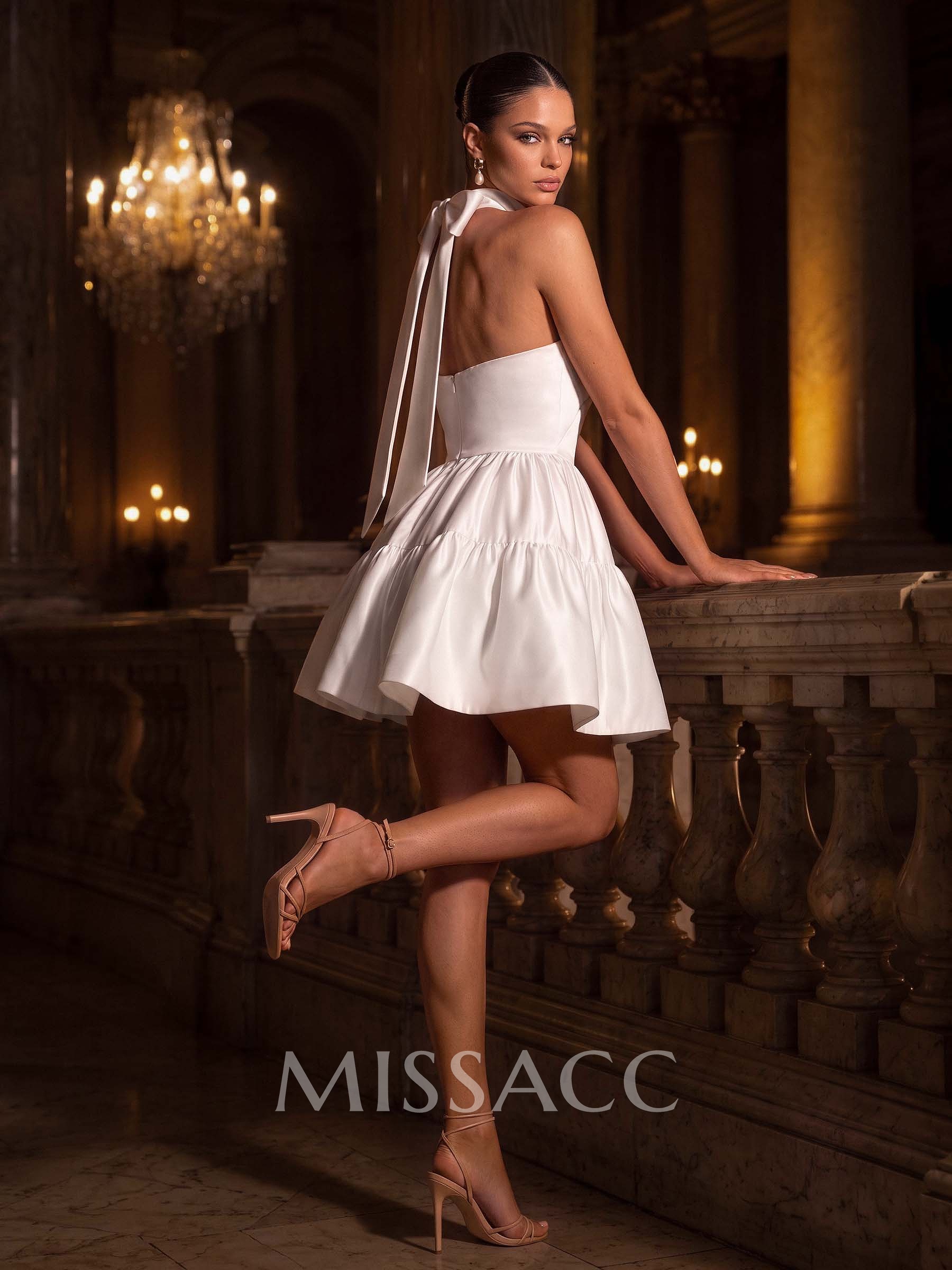 A-Line Halterneck Sleeveless Short Satin Wedding Dresses With Bow
