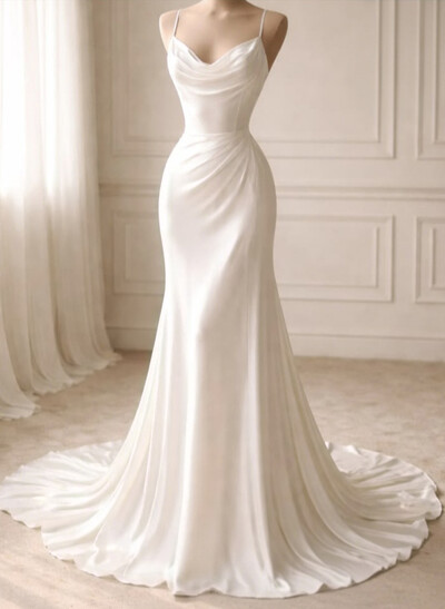 Sheath/Column Sweetheart Sleeveless Court Train Silk Like Satin Wedding Dresses