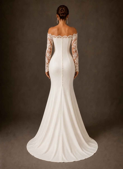 Trumpet/Mermaid Off-The-Shoulder Long Sleeves Court Train Elastic Satin Wedding Dresses With Lace/High Split