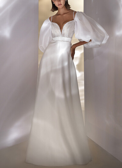 A-Line Plunge Neck Detachable Sleeves Court Train Wedding Dresses With Sequins