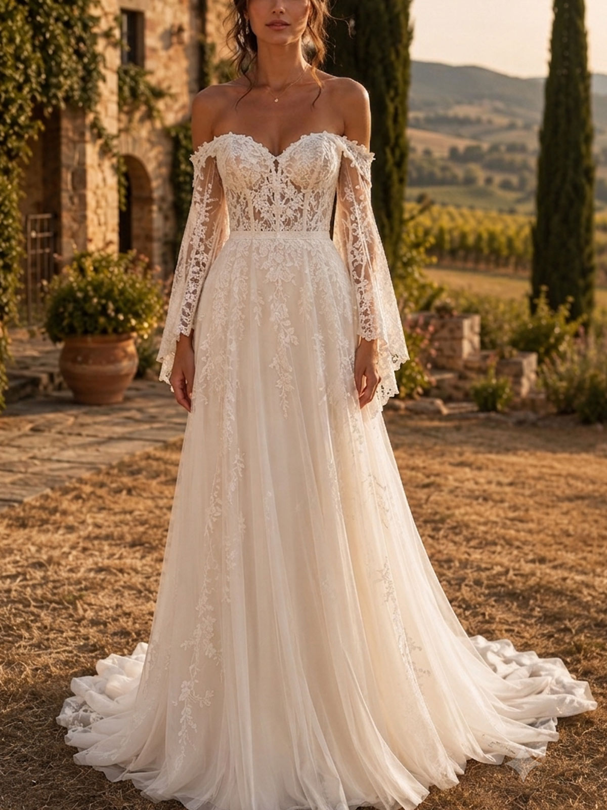 A-Line Sweetheart Long Sleeves Court Train Lace/Tulle Wedding Dresses