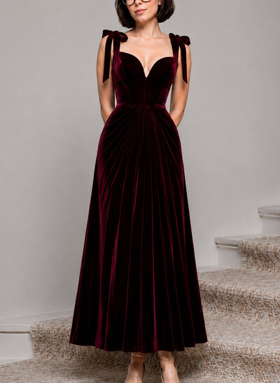 A-Line V-Neck Sleeveless Ankle-Length Evening Dresses With Pleated