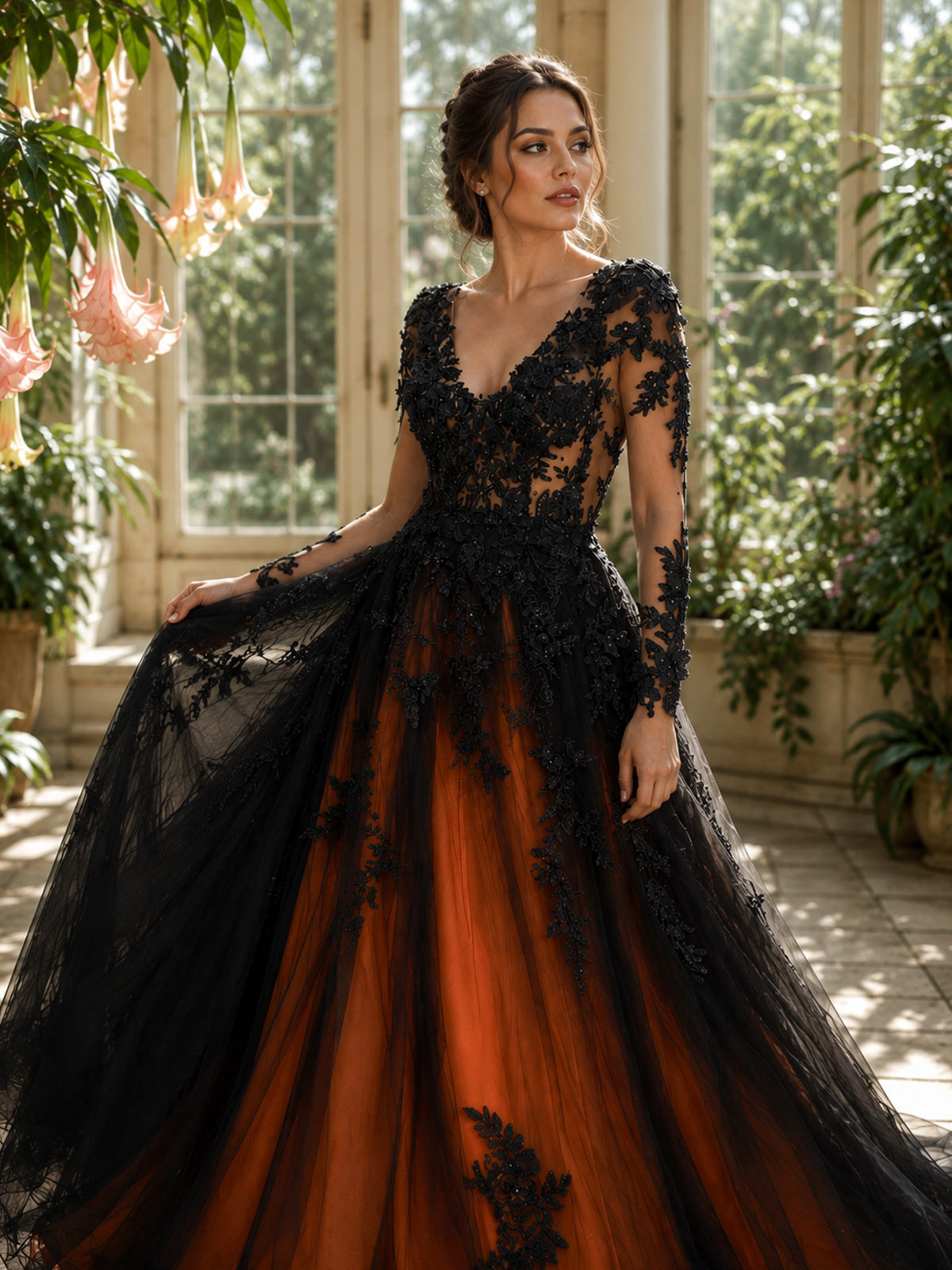 A-Line V-Neck Long Sleeve Tops Chapel Train Tulle Wedding Dresses With Appliques Lace