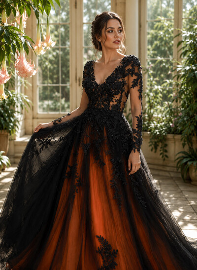 A-Line V-Neck Long Sleeve Tops Chapel Train Tulle Wedding Dresses With Appliques Lace