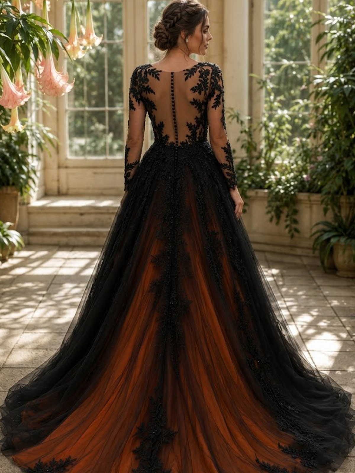 A-Line V-Neck Long Sleeve Tops Chapel Train Tulle Wedding Dresses With Appliques Lace