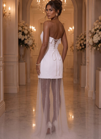 A-Line Strapless Sleeveless Sweep Train Satin/Tulle Wedding Dresses