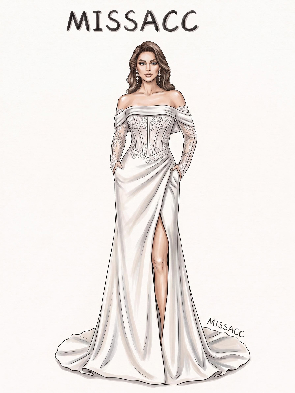 Sheath/Column Off-The-Shoulder Long Sleeves Sweep Train Elastic Satin Wedding Dresses With High Split