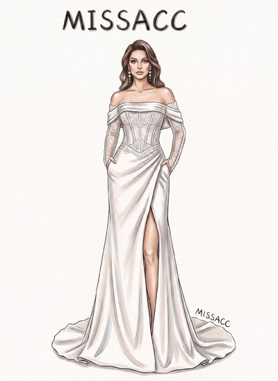 Sheath/Column Off-The-Shoulder Long Sleeves Sweep Train Elastic Satin Wedding Dresses With High Split