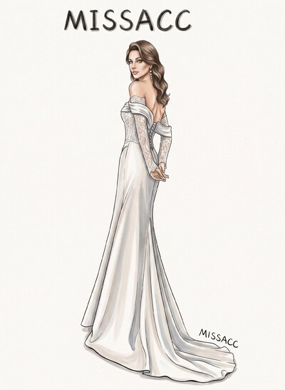 Sheath/Column Off-The-Shoulder Long Sleeves Sweep Train Elastic Satin Wedding Dresses With High Split