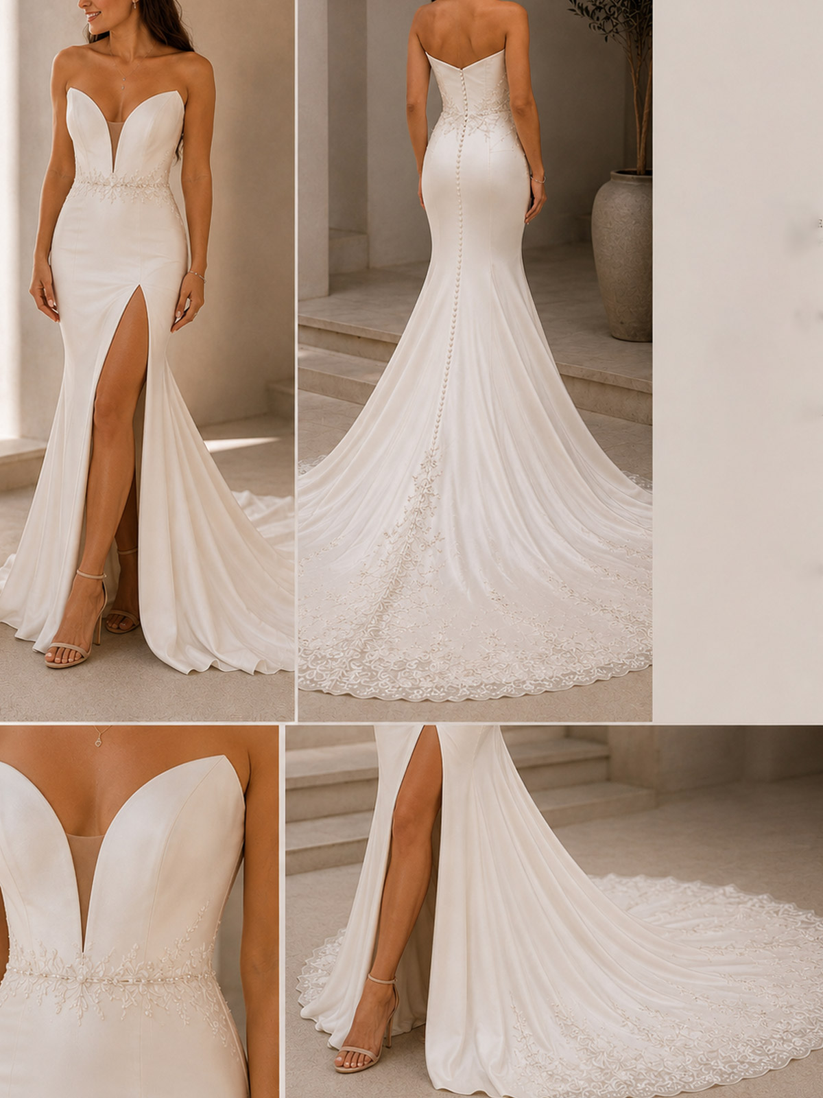 Trumpet/Mermaid Illusion Neck Sleeveless Chapel Train Lace/Matte Satin Wedding Dresses With High Split