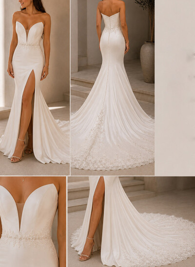 Trumpet/Mermaid Illusion Neck Sleeveless Chapel Train Lace/Matte Satin Wedding Dresses With High Split