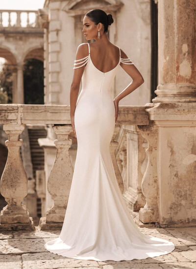 Sheath/Column V-Neck Sleeveless Sweep Train Elastic Satin Wedding Party With Split Front/Beading