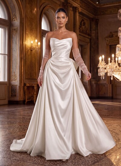 A-Line Strapless Sleeveless Court Train Satin Wedding Dresses With Bow