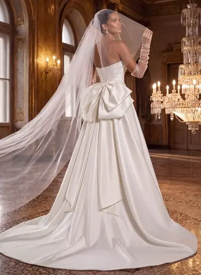 A-Line Strapless Sleeveless Court Train Satin Wedding Dresses With Bow